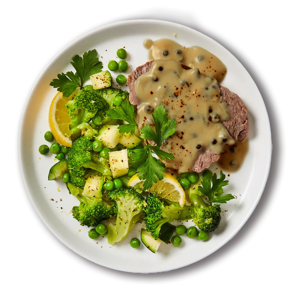 Steak with Peppercorn Sauce and Mixed Veg